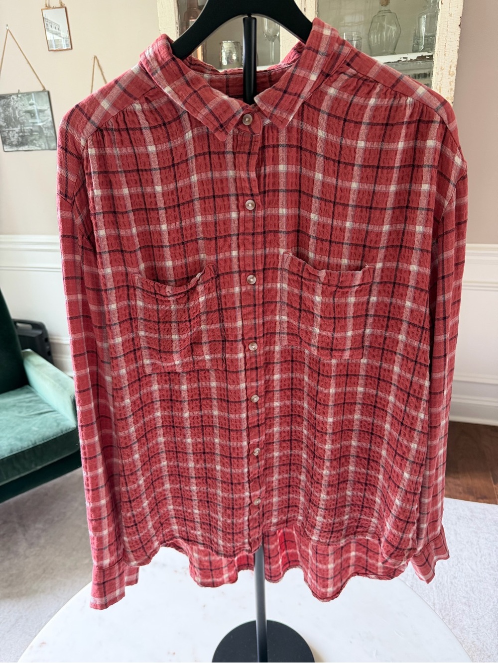 Wonderly Plaid Button Down Blouse Rust Pink Textured Crinkle Long Sleeve Size XL
